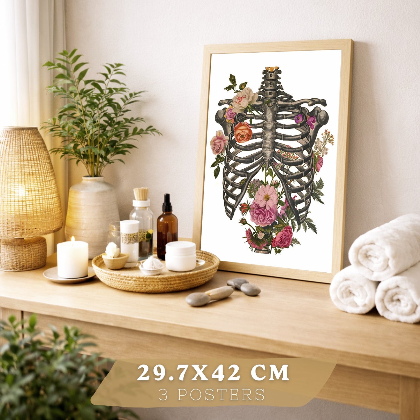 Set 3 Cuadros Decorativos de Anatomía Humana Láminas y Posters con Pulmones Tráquea Bronquios Costillas Columna Vertebral y Cráneo Diseño Floral Contemporáneo