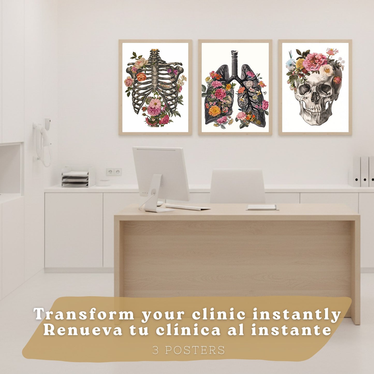 Set 3 Cuadros Decorativos de Anatomía Humana Láminas y Posters con Pulmones Tráquea Bronquios Costillas Columna Vertebral y Cráneo Diseño Floral Contemporáneo