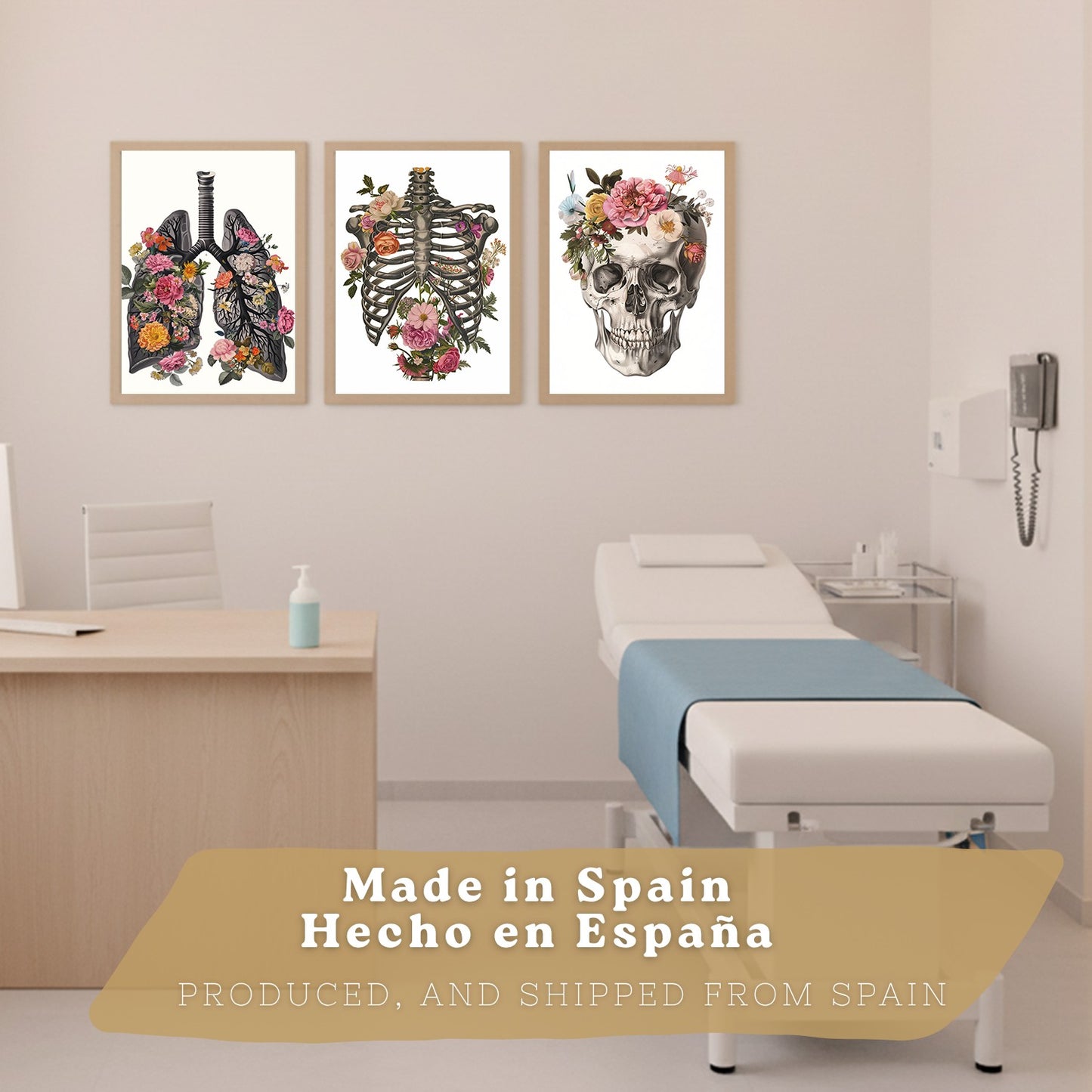 Set 3 Cuadros Decorativos de Anatomía Humana Láminas y Posters con Pulmones Tráquea Bronquios Costillas Columna Vertebral y Cráneo Diseño Floral Contemporáneo