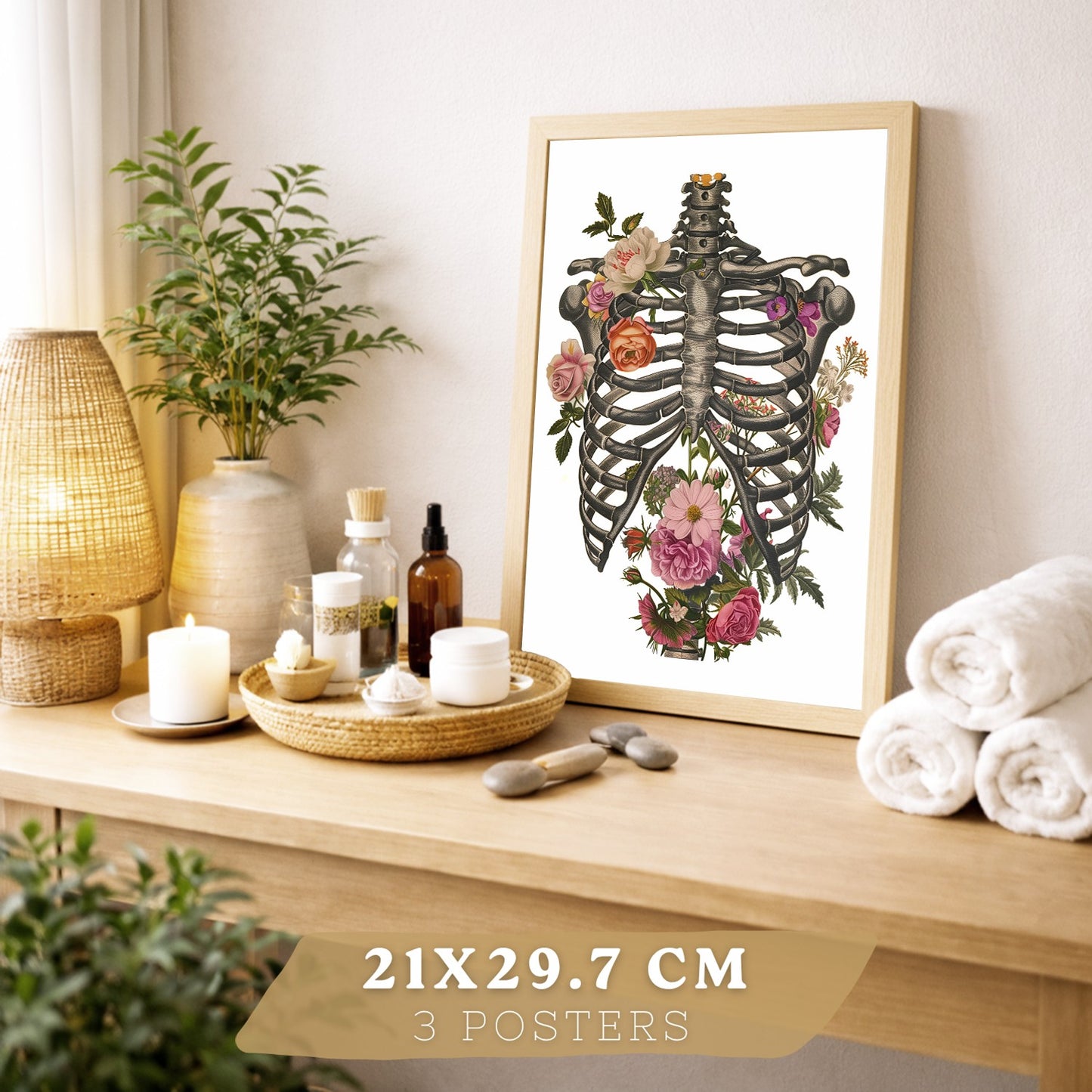 Set 3 Cuadros Decorativos de Anatomía Humana Láminas y Posters con Pulmones Tráquea Bronquios Costillas Columna Vertebral y Cráneo Diseño Floral Contemporáneo