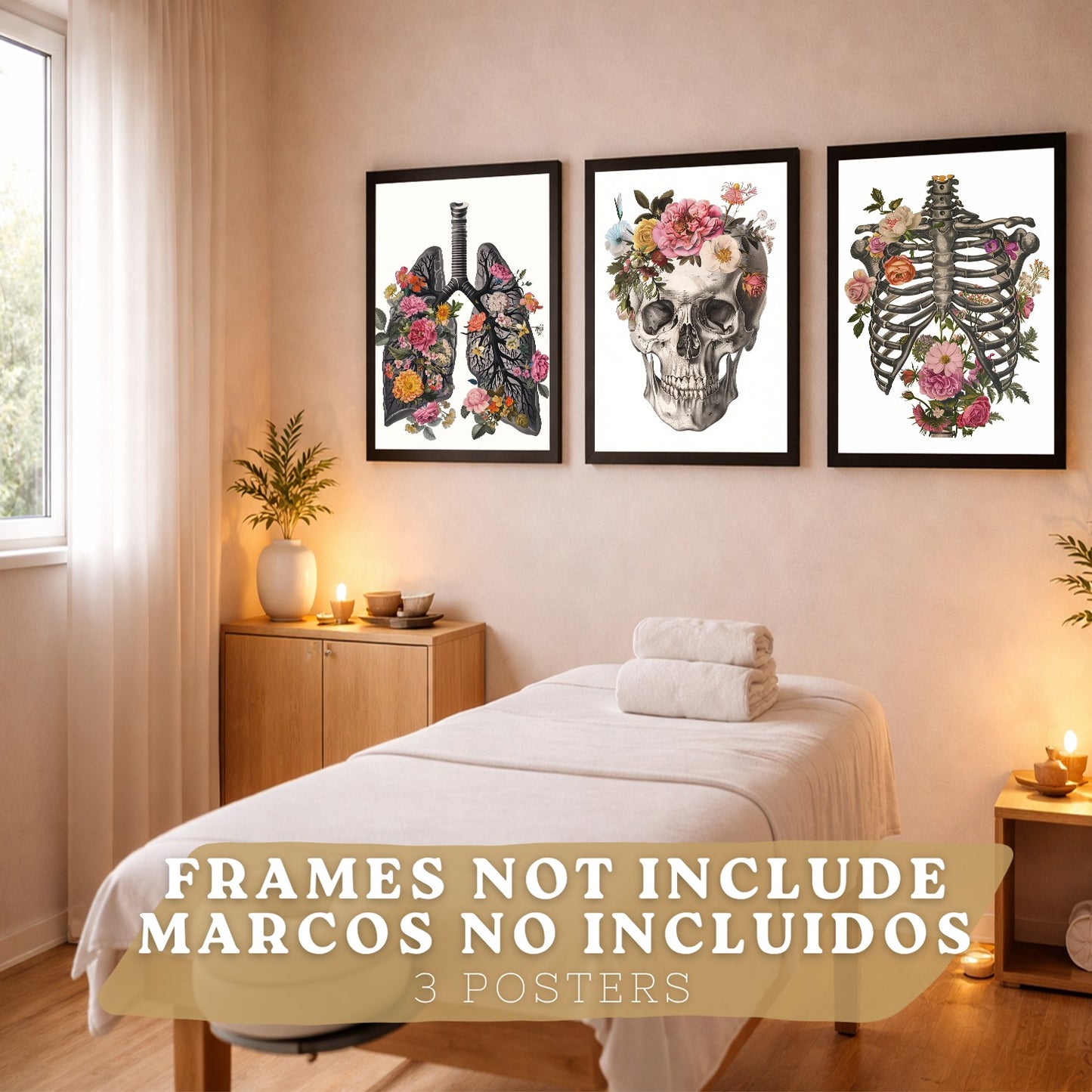 Set 3 Cuadros Decorativos de Anatomía Humana Láminas y Posters con Pulmones Tráquea Bronquios Costillas Columna Vertebral y Cráneo Diseño Floral Contemporáneo