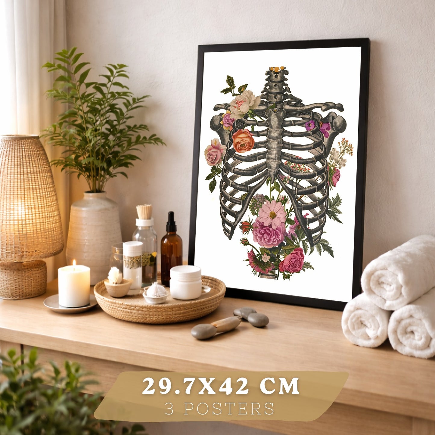 Set 3 Cuadros Decorativos de Anatomía Humana Láminas y Posters con Pulmones Tráquea Bronquios Costillas Columna Vertebral y Cráneo Diseño Floral Contemporáneo