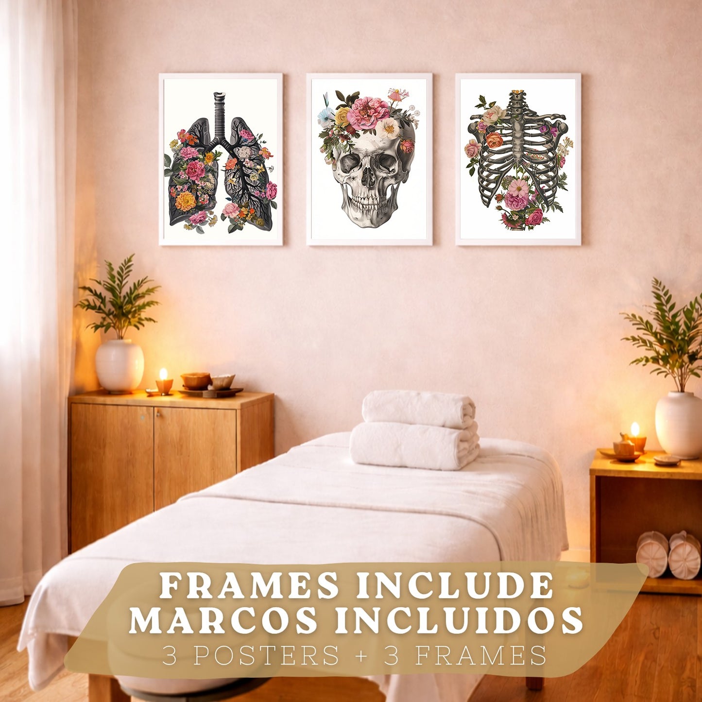 Set 3 Cuadros Decorativos de Anatomía Humana Láminas y Posters con Pulmones Tráquea Bronquios Costillas Columna Vertebral y Cráneo Diseño Floral Contemporáneo