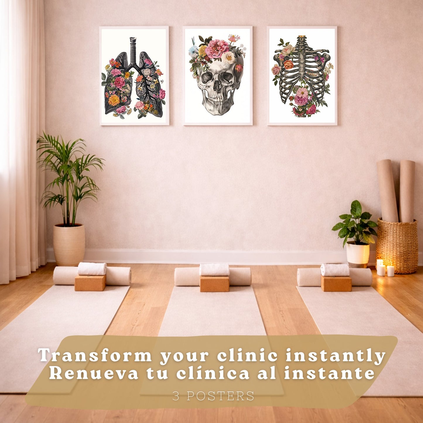 Set 3 Cuadros Decorativos de Anatomía Humana Láminas y Posters con Pulmones Tráquea Bronquios Costillas Columna Vertebral y Cráneo Diseño Floral Contemporáneo