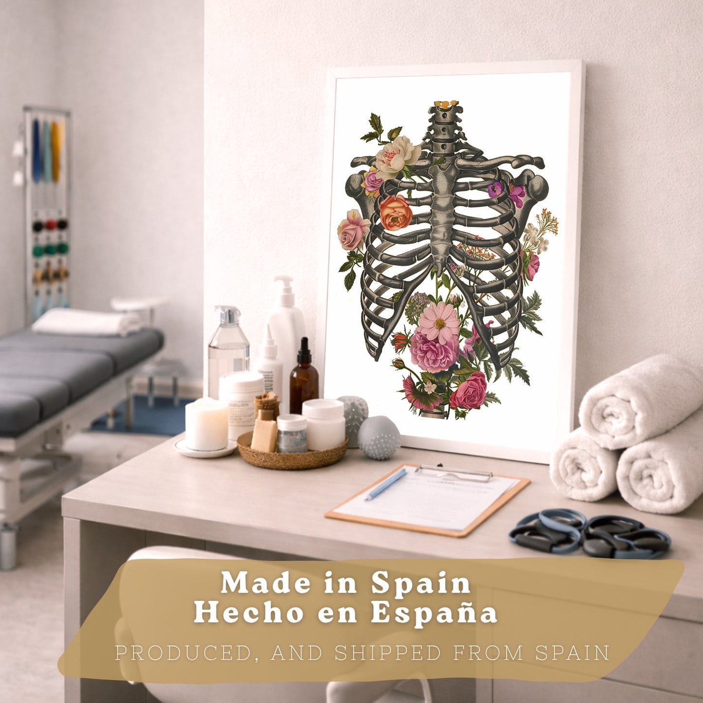 Set 3 Cuadros Decorativos de Anatomía Humana Láminas y Posters con Pulmones Tráquea Bronquios Costillas Columna Vertebral y Cráneo Diseño Floral Contemporáneo