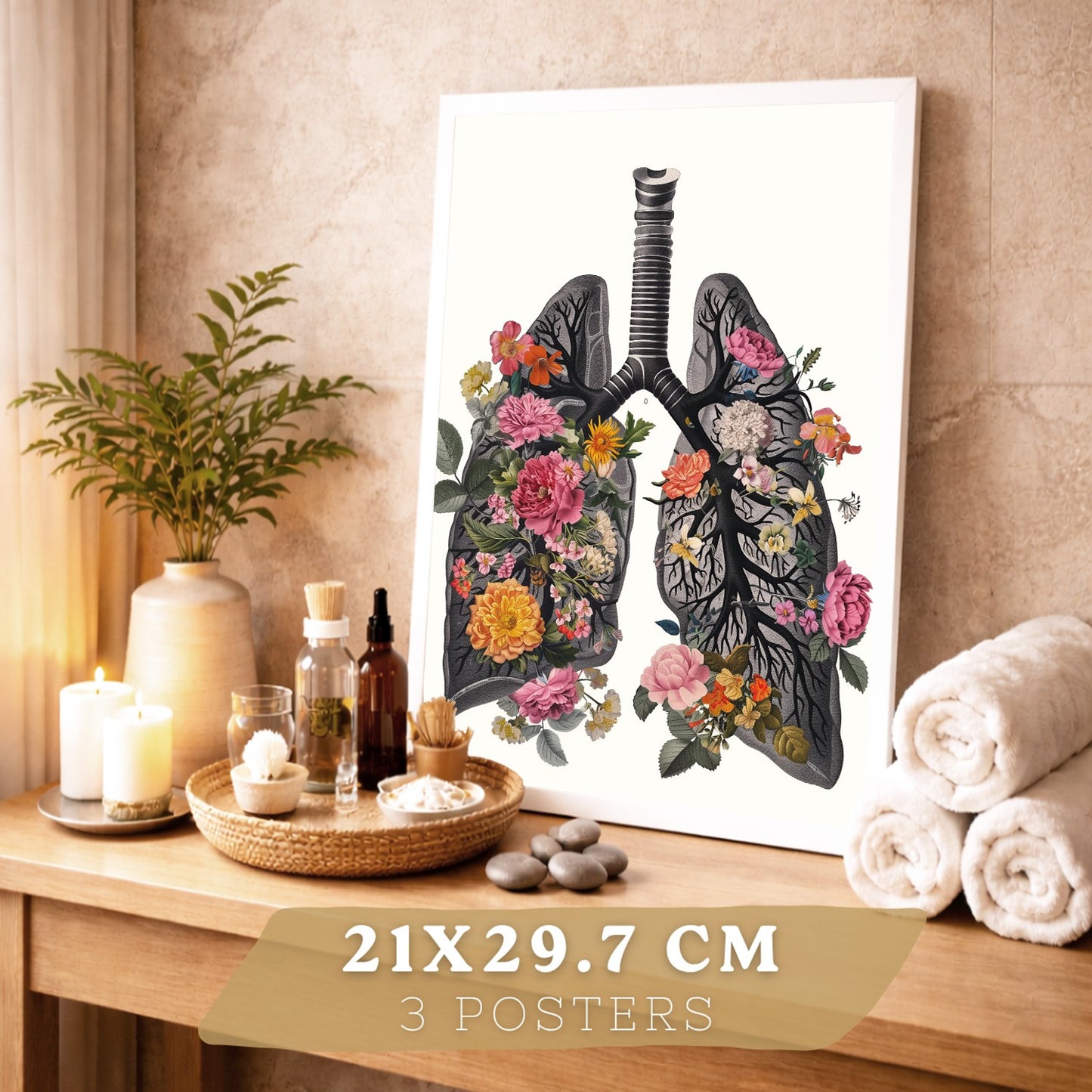 Set 3 Cuadros Decorativos de Anatomía Humana Láminas y Posters con Pulmones Tráquea Bronquios Costillas Columna Vertebral y Cráneo Diseño Floral Contemporáneo