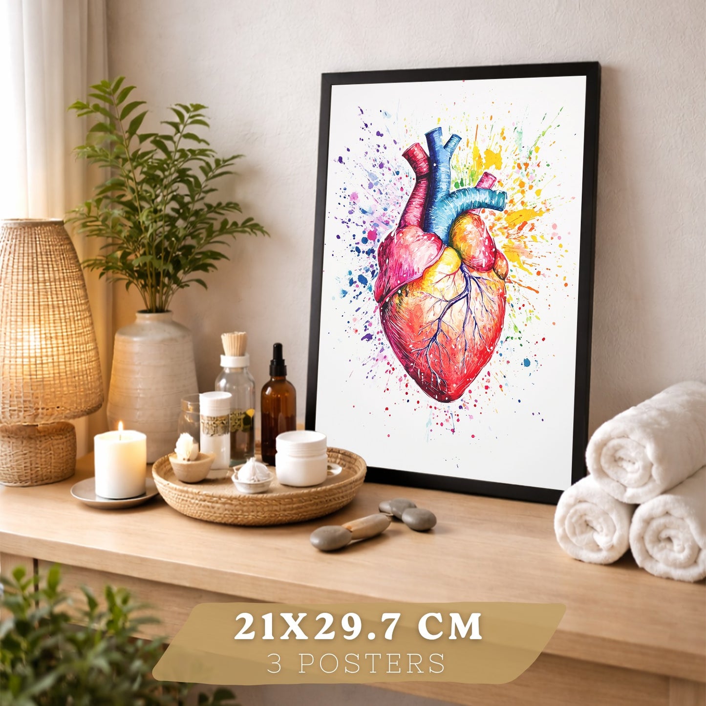 Set 3 Posters y Cuadros de Anatomía Humana Láminas con Cerebro Corazón Costillas Columna Vertebral Diseño Acuarela Vibrante