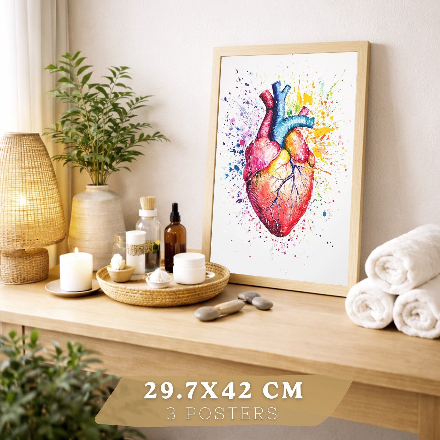 Set 3 Posters y Cuadros de Anatomía Humana Láminas con Cerebro Corazón Costillas Columna Vertebral Diseño Acuarela Vibrante