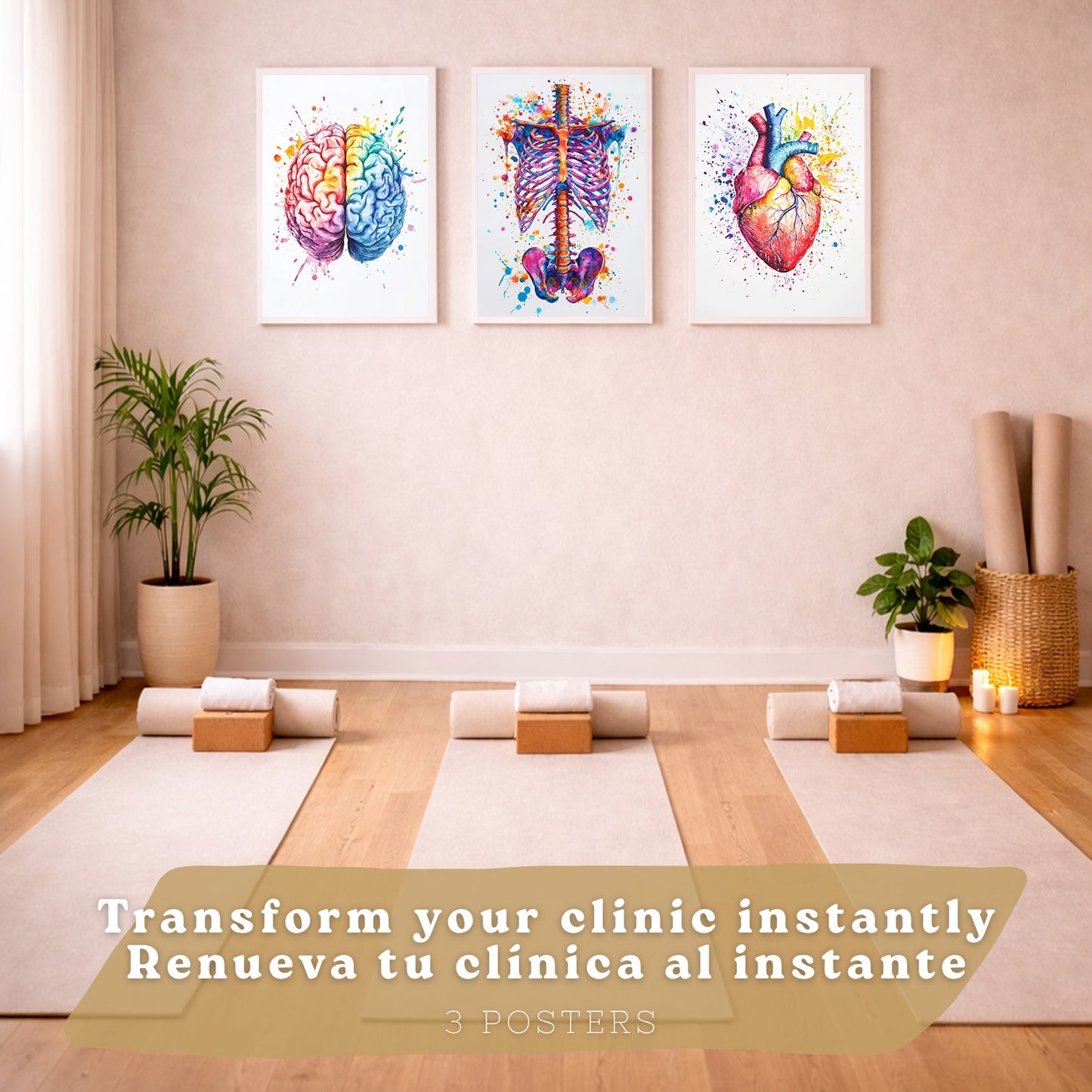 Set 3 Posters y Cuadros de Anatomía Humana Láminas con Cerebro Corazón Costillas Columna Vertebral Diseño Acuarela Vibrante