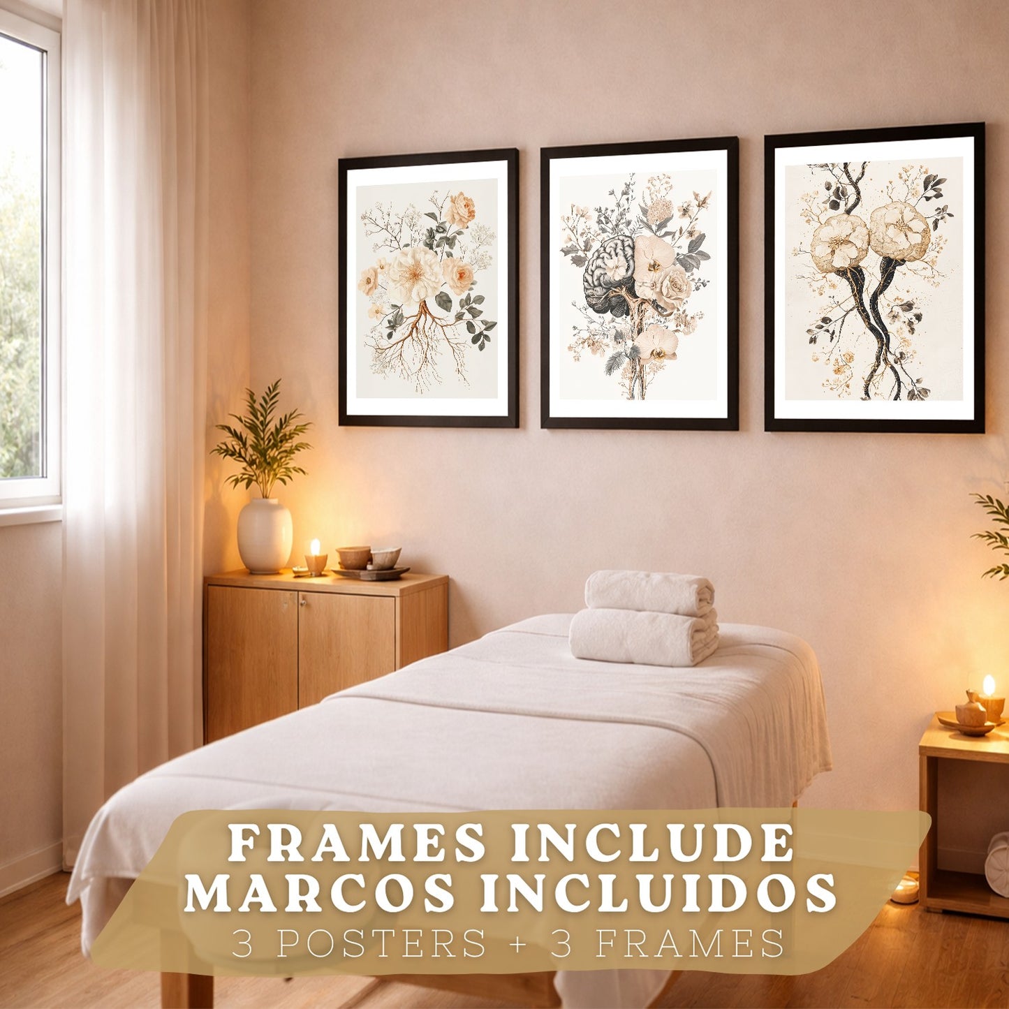 Set 3 Láminas de Anatomía Neural Posters y Cuadros con Neuronas, Sinapsis y Cerebro Estilo Floral Minimalista