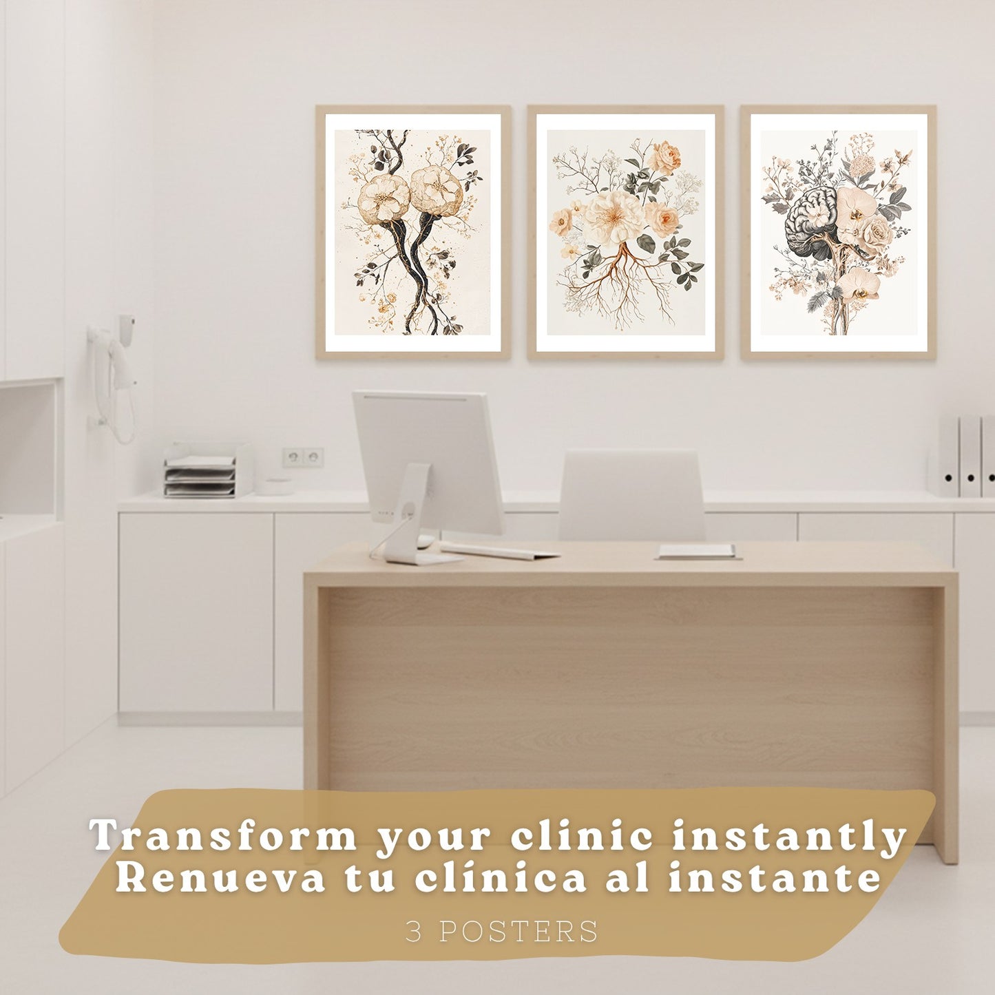 Set 3 Láminas de Anatomía Neural Posters y Cuadros con Neuronas, Sinapsis y Cerebro Estilo Floral Minimalista