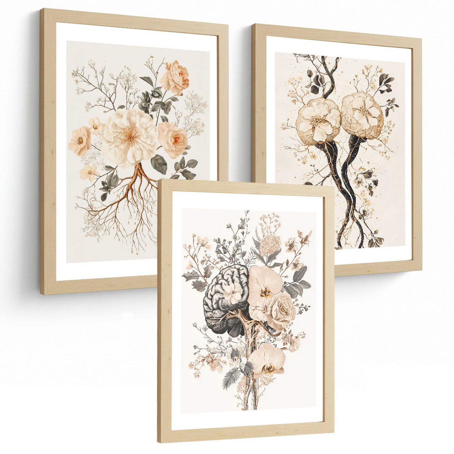 Set 3 Láminas de Anatomía Neural Posters y Cuadros con Neuronas, Sinapsis y Cerebro Estilo Floral Minimalista