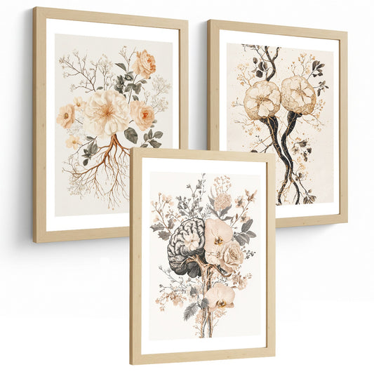 Set 3 Láminas de Anatomía Neural Posters y Cuadros con Neuronas, Sinapsis y Cerebro Estilo Floral Minimalista