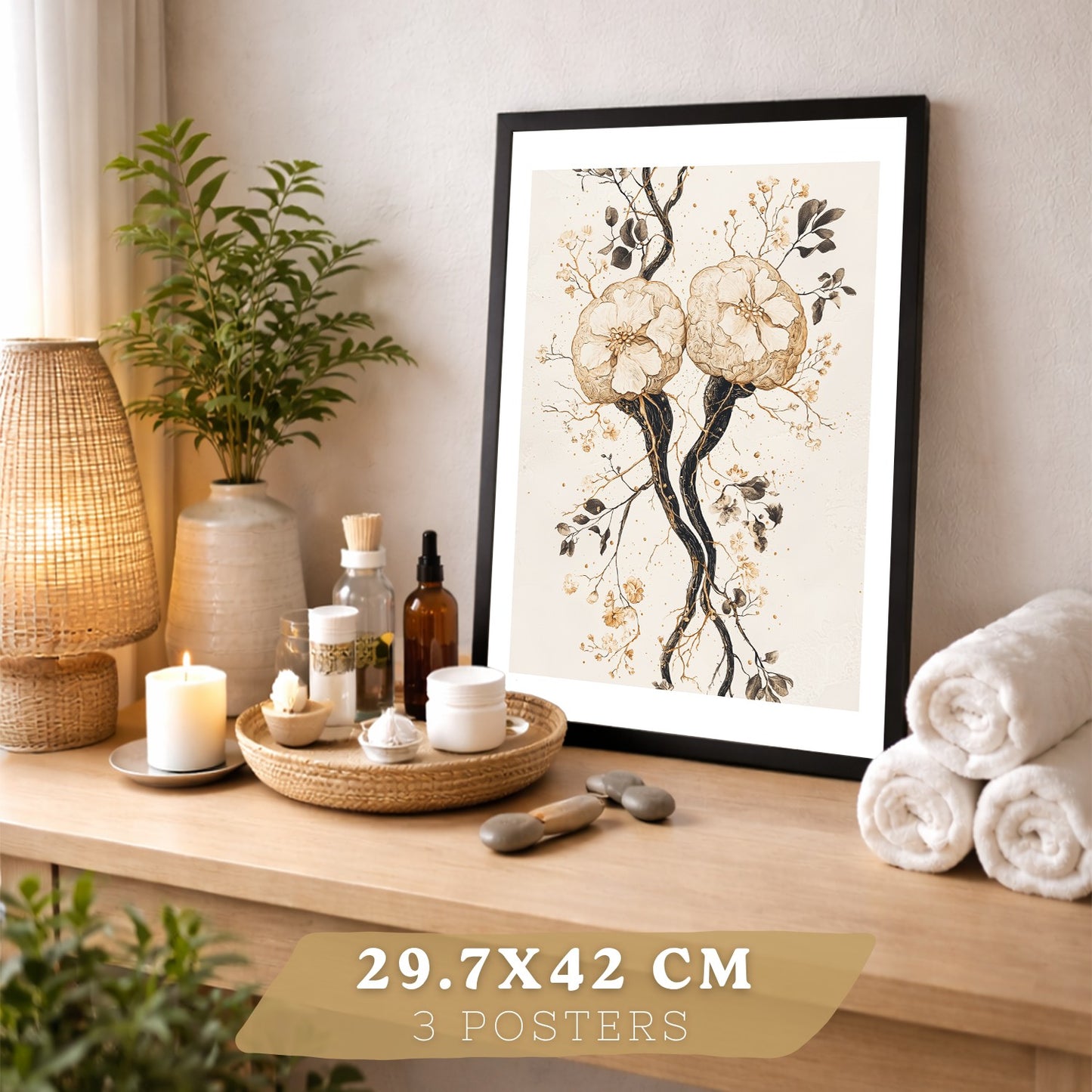 Set 3 Láminas de Anatomía Neural Posters y Cuadros con Neuronas, Sinapsis y Cerebro Estilo Floral Minimalista