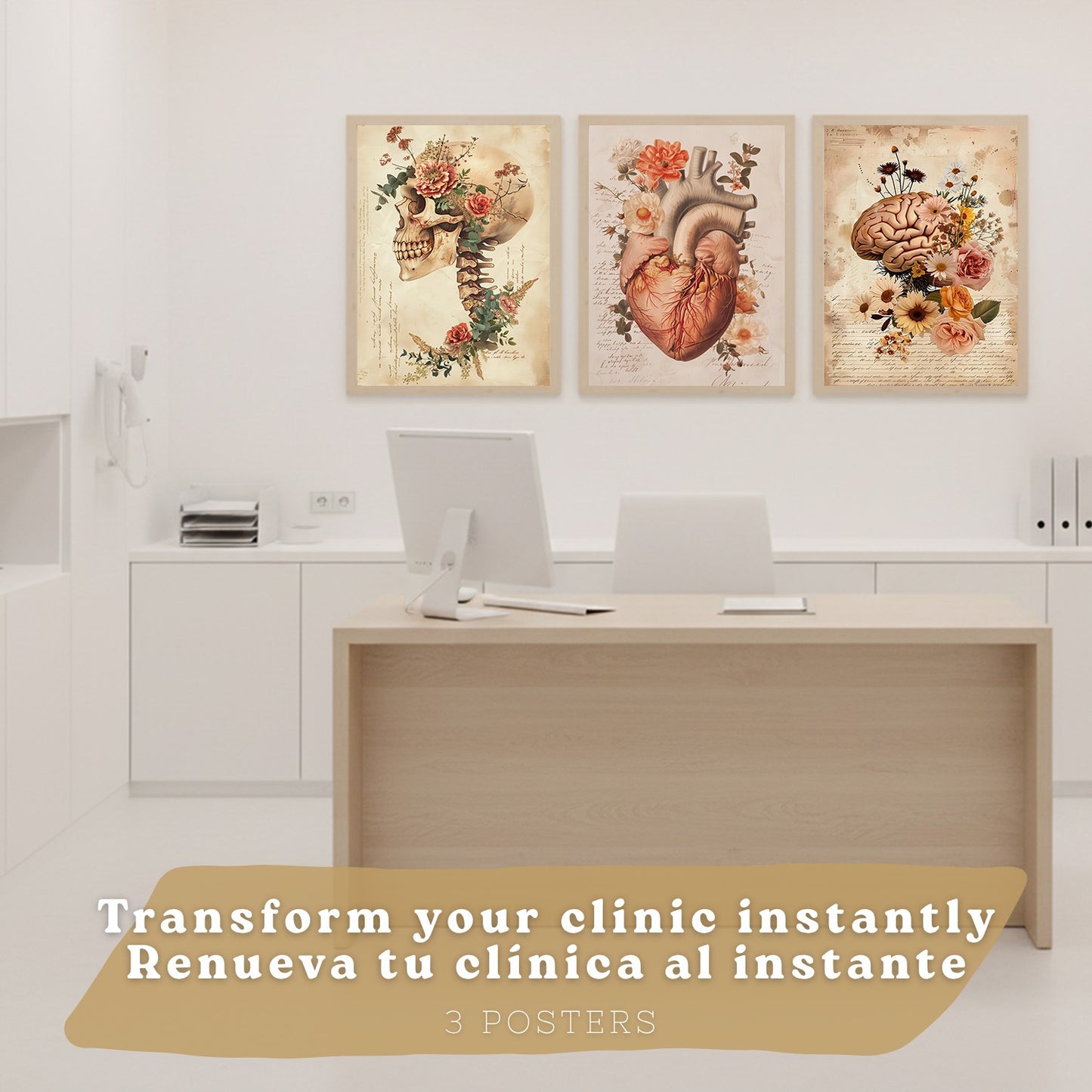 Set 3 Cuadros Decorativos de Anatomía Humana Láminas y Posters con Cerebro Corazón Pulmones Tráquea Bronquios Diseño Industrial Blanco y Negro