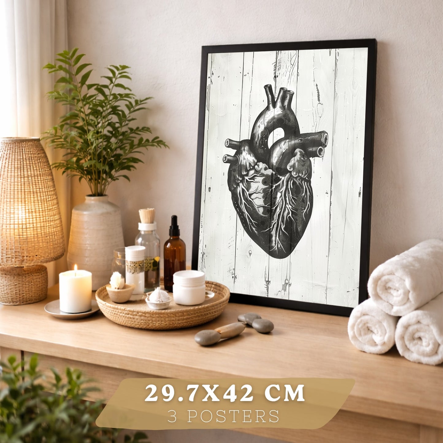 Set 3 Cuadros Decorativos de Anatomía Humana Láminas y Posters con Cerebro Corazón Pulmones Tráquea Bronquios Diseño Industrial Blanco y Negro
