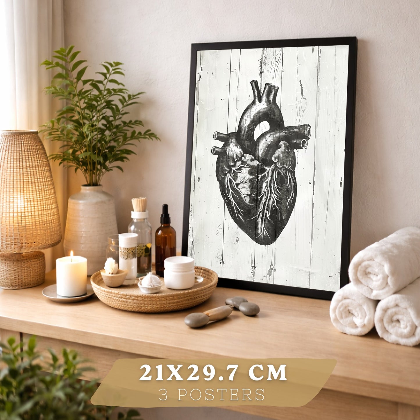 Set 3 Cuadros Decorativos de Anatomía Humana Láminas y Posters con Cerebro Corazón Pulmones Tráquea Bronquios Diseño Industrial Blanco y Negro