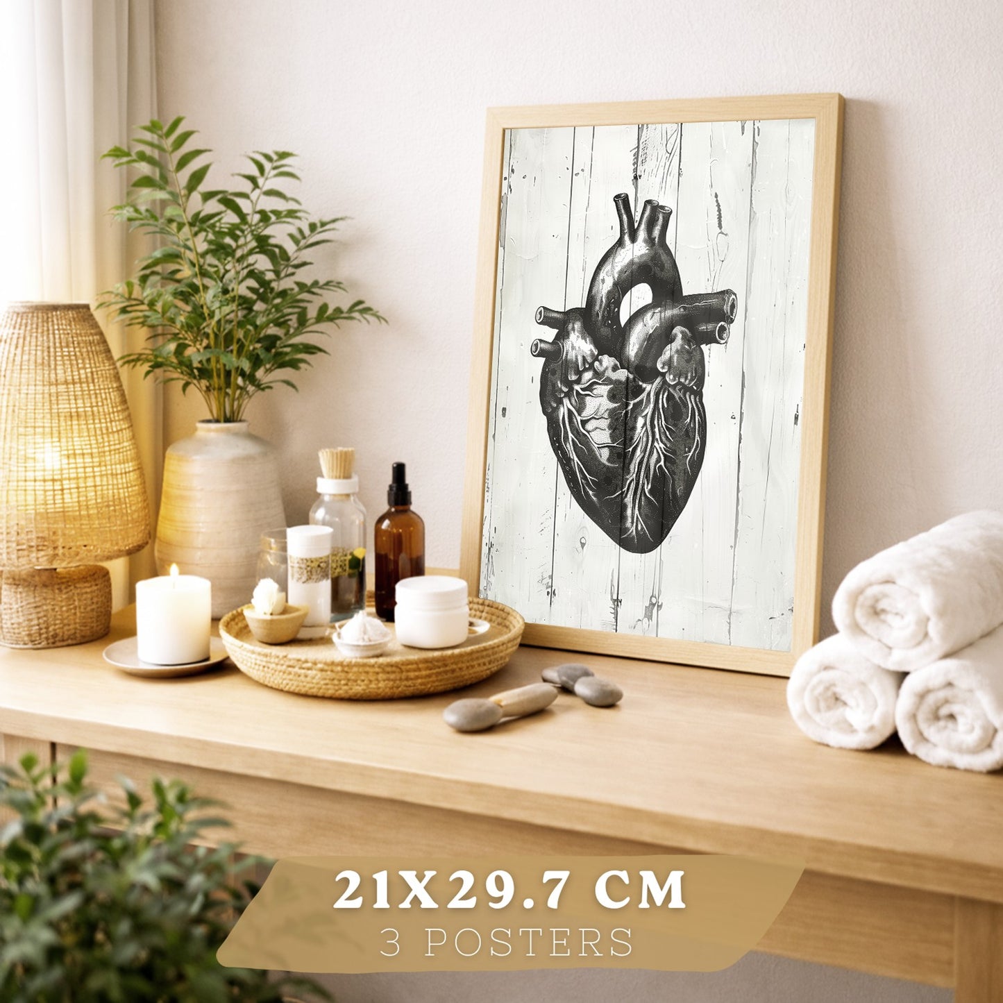 Set 3 Cuadros Decorativos de Anatomía Humana Láminas y Posters con Cerebro Corazón Pulmones Tráquea Bronquios Diseño Industrial Blanco y Negro