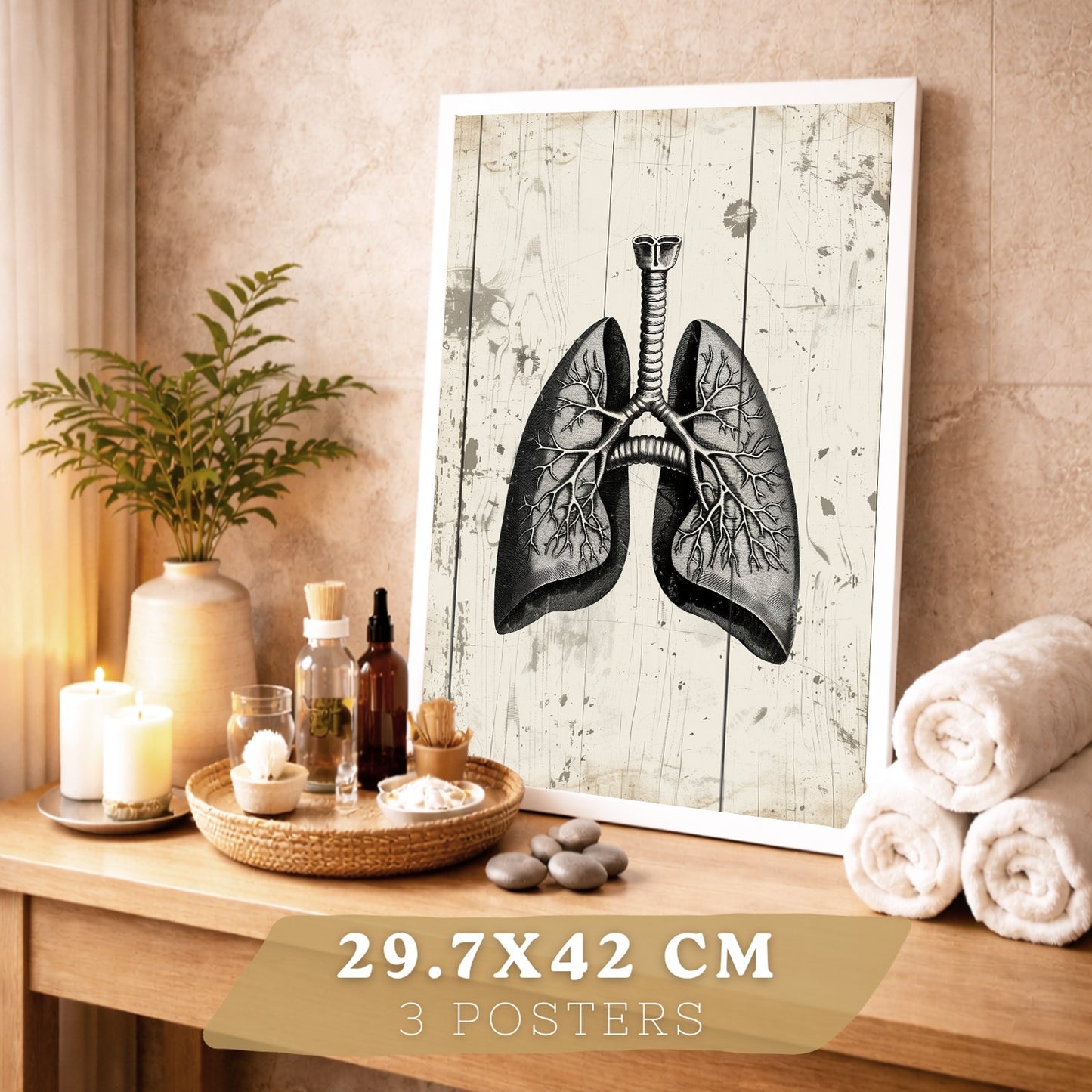 Set 3 Cuadros Decorativos de Anatomía Humana Láminas y Posters con Cerebro Corazón Pulmones Tráquea Bronquios Diseño Industrial Blanco y Negro