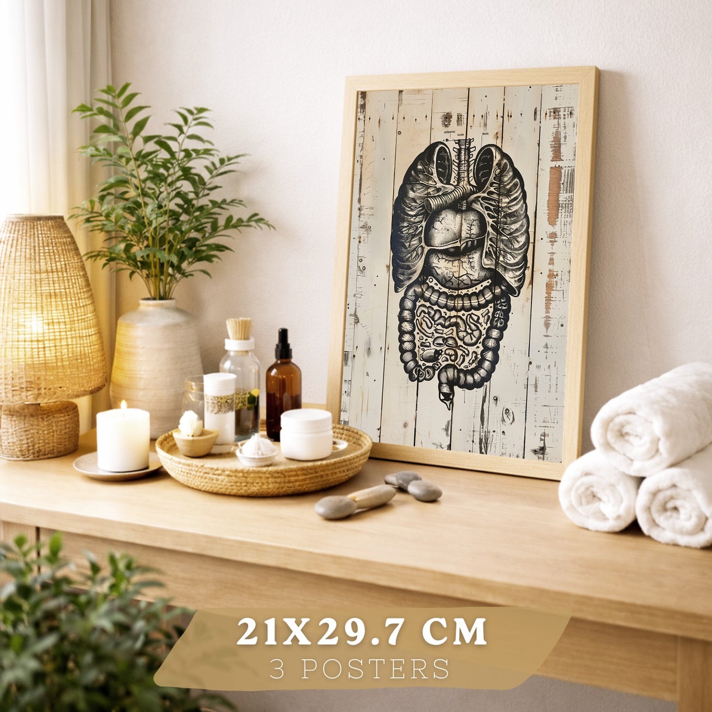 Set 3 Cuadros de Anatomía Humana Láminas con Pulmones Intestinos y Corazón Estilo Rústico Moderno