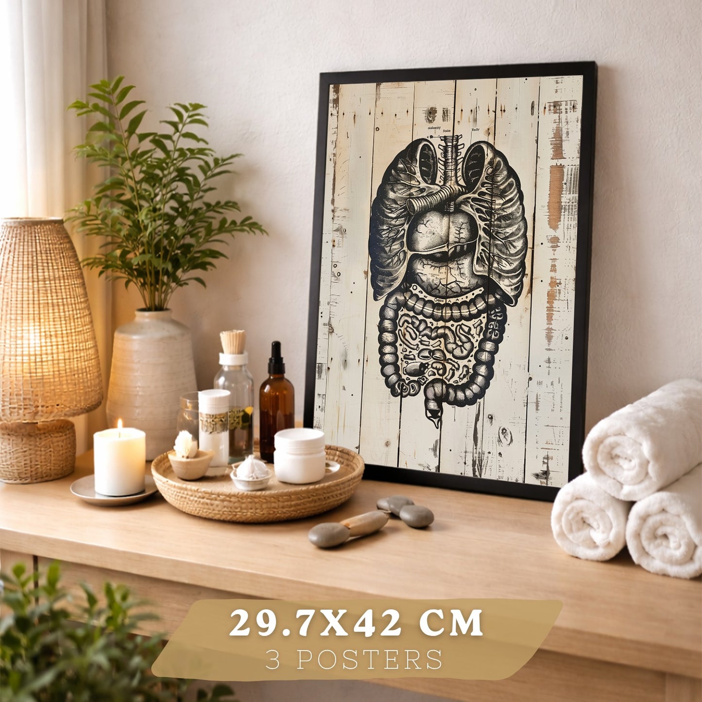 Set 3 Cuadros de Anatomía Humana Láminas con Pulmones Intestinos y Corazón Estilo Rústico Moderno