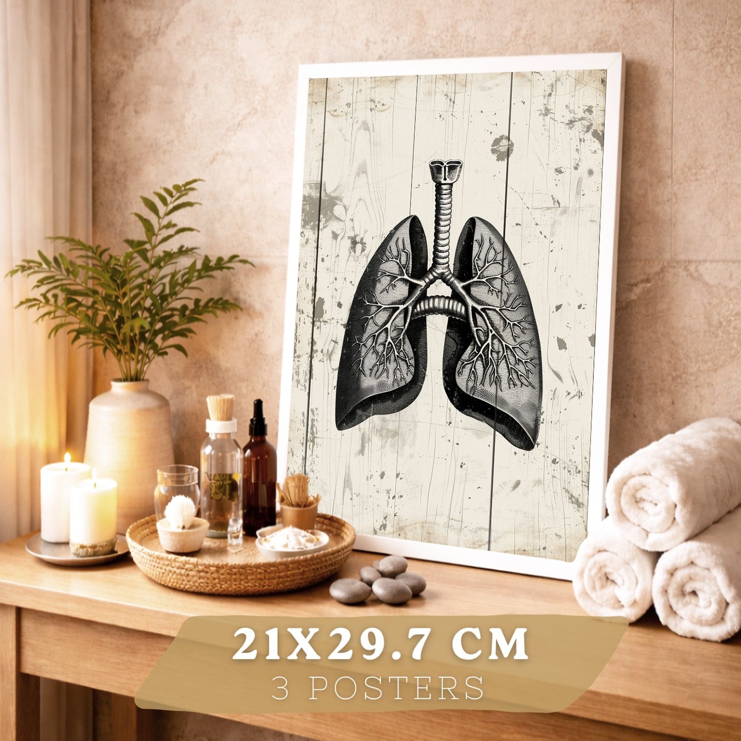 Set 3 Cuadros de Anatomía Humana Láminas con Pulmones Intestinos y Corazón Estilo Rústico Moderno