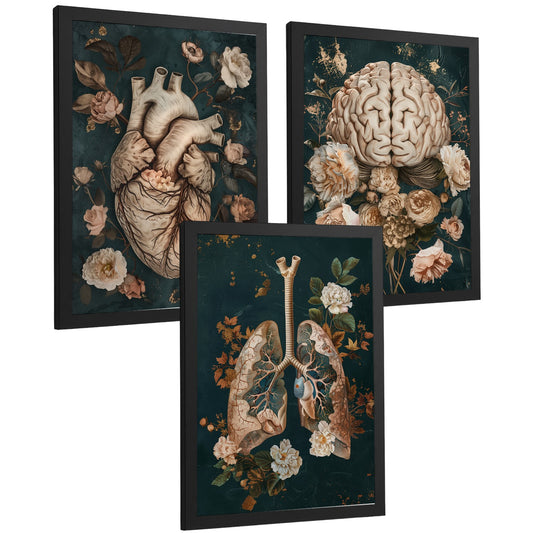 Set 3 Posters de Anatomía Láminas y Cuadros Decorativos con Corazón Cerebro Pulmones Sistema Respiratorio Estilo Vintage Floral Verde y Dorado