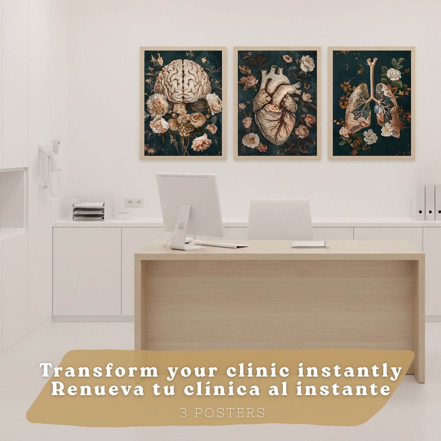 Set 3 Cuadros de Anatomía Humana Láminas con Corazón, Sistema Respiratorio y Esqueleto Estilo Botánico Elegante
