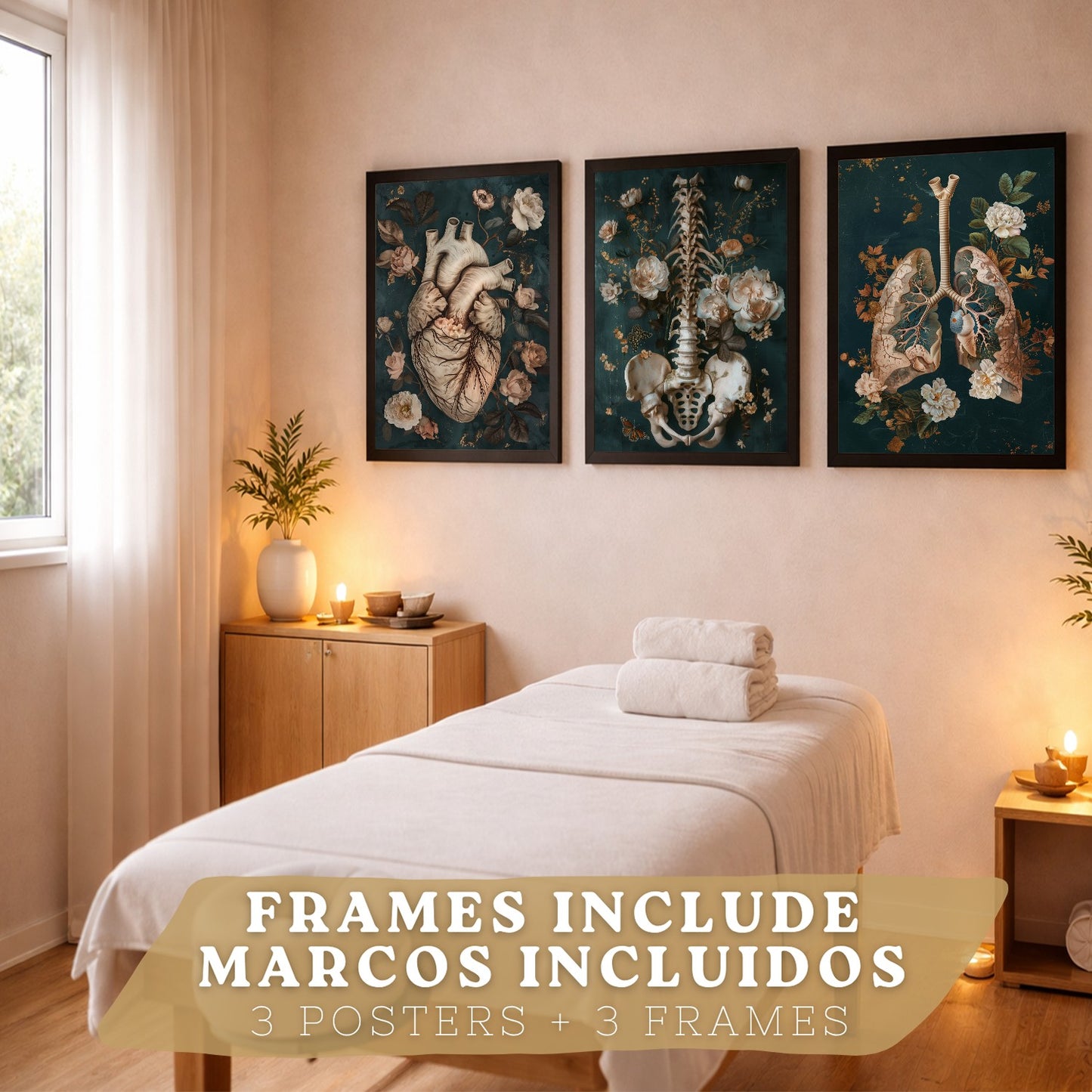 Set 3 Cuadros de Anatomía Humana Láminas con Corazón, Sistema Respiratorio y Esqueleto Estilo Botánico Elegante