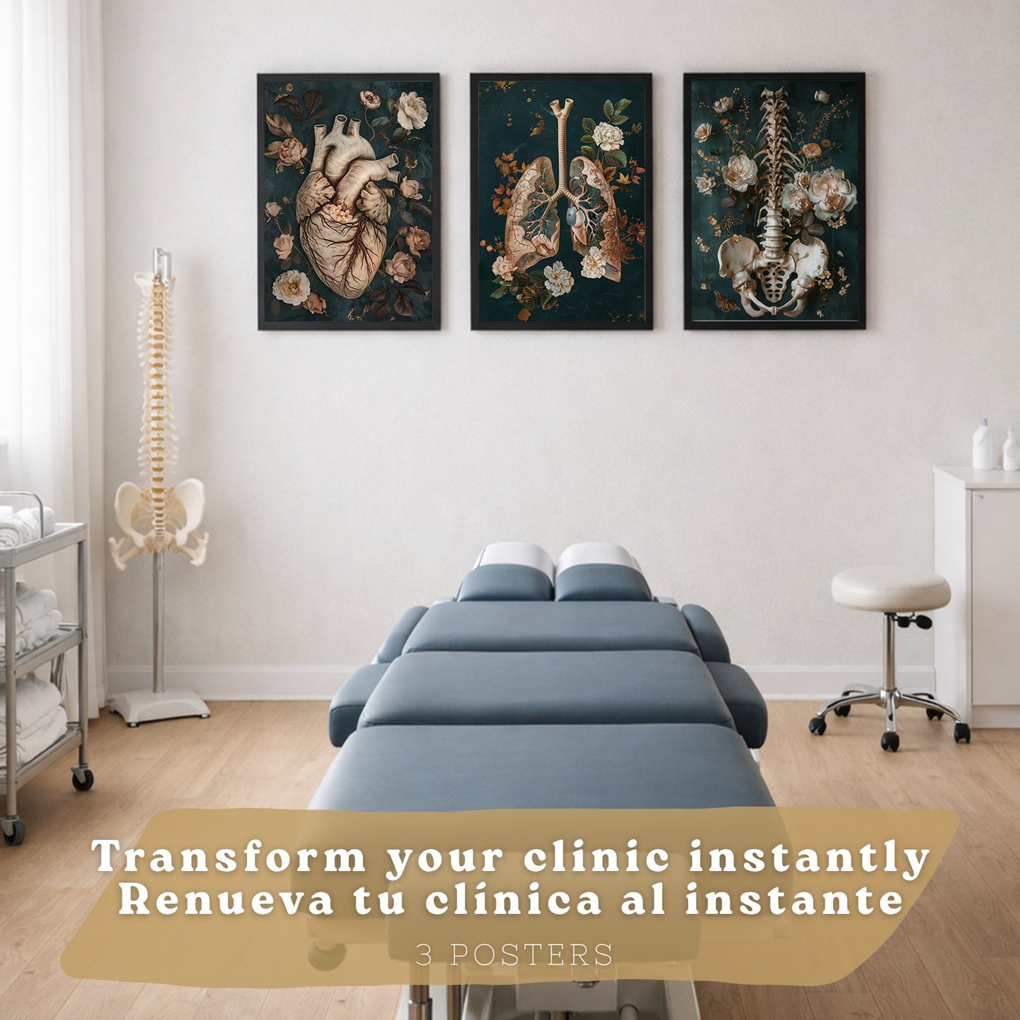 Set 3 Cuadros de Anatomía Humana Láminas con Corazón, Sistema Respiratorio y Esqueleto Estilo Botánico Elegante