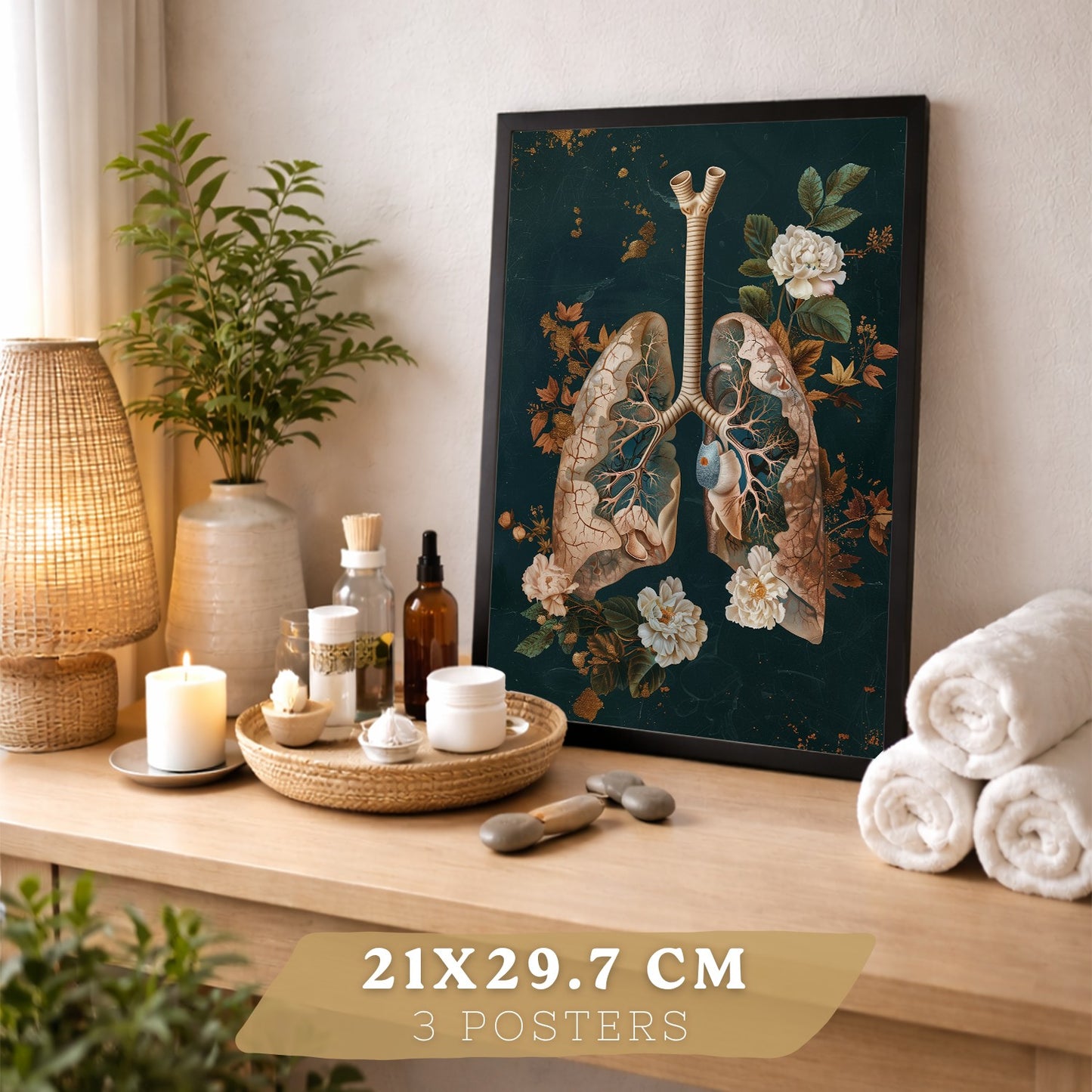 Set 3 Cuadros de Anatomía Humana Láminas con Corazón, Sistema Respiratorio y Esqueleto Estilo Botánico Elegante
