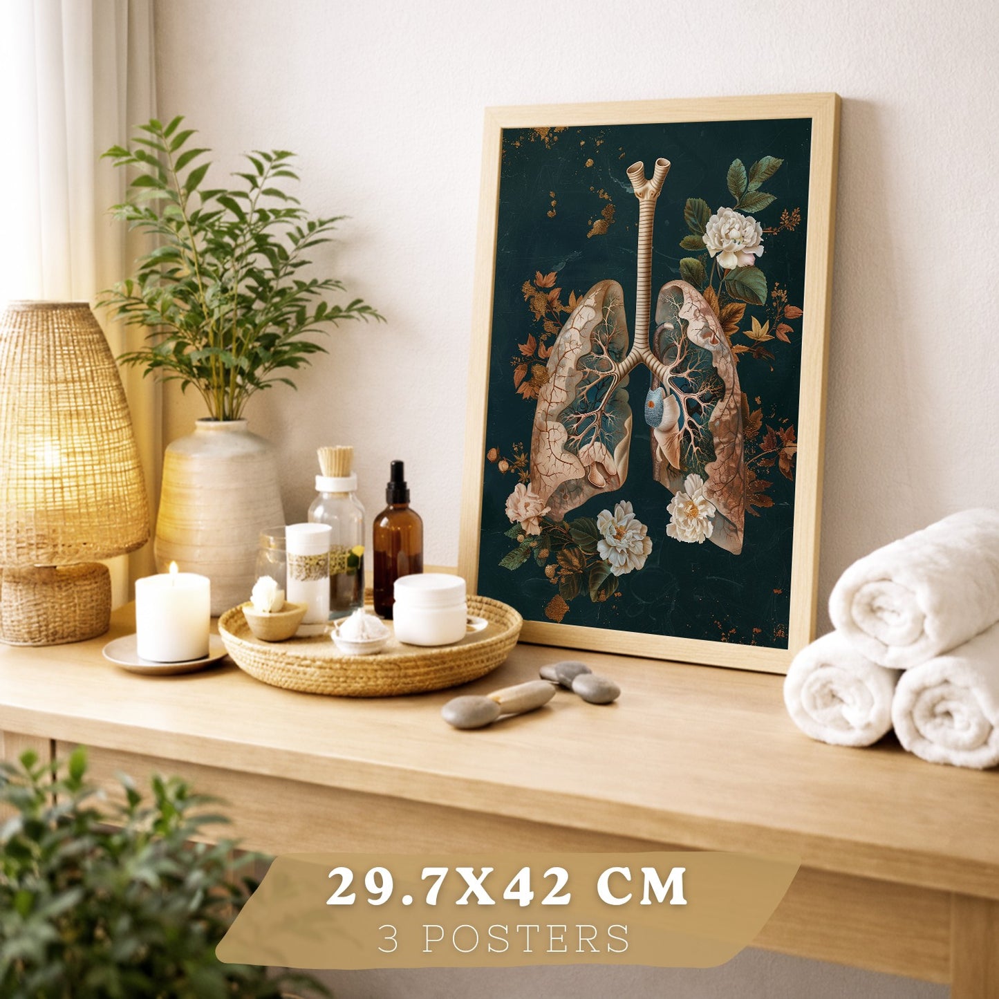 Set 3 Cuadros de Anatomía Humana Láminas con Corazón, Sistema Respiratorio y Esqueleto Estilo Botánico Elegante