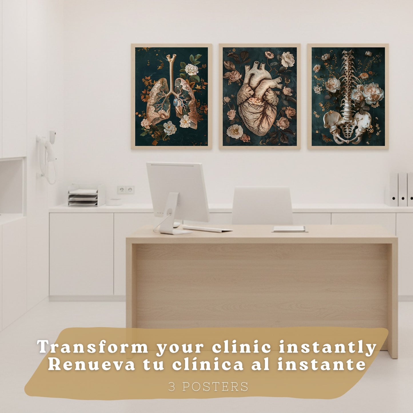 Set 3 Cuadros de Anatomía Humana Láminas con Corazón, Sistema Respiratorio y Esqueleto Estilo Botánico Elegante