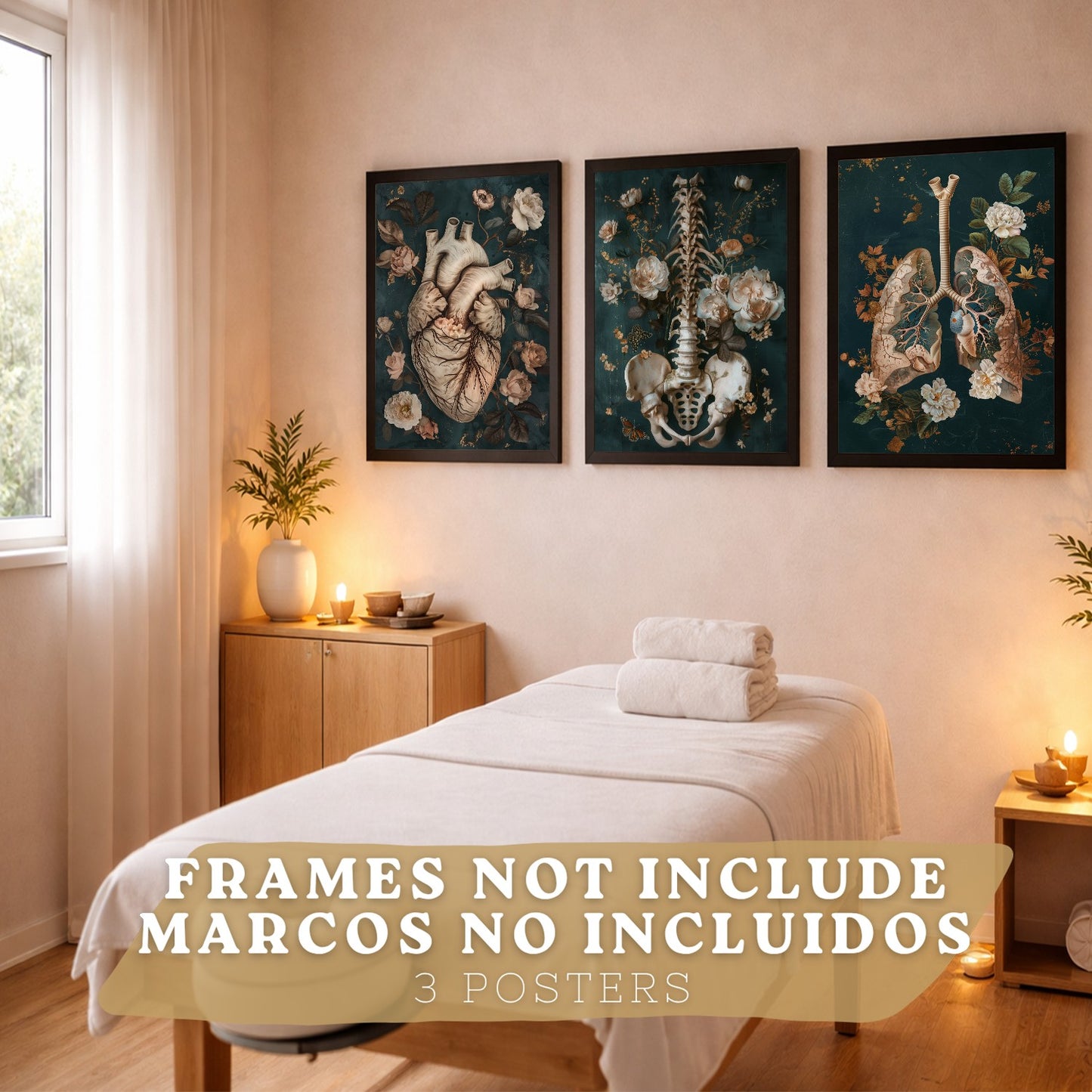 Set 3 Cuadros de Anatomía Humana Láminas con Corazón, Sistema Respiratorio y Esqueleto Estilo Botánico Elegante