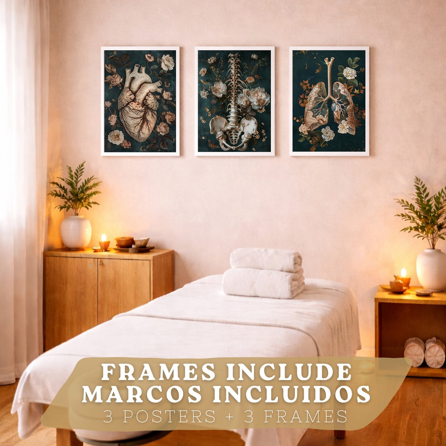 Set 3 Cuadros de Anatomía Humana Láminas con Corazón, Sistema Respiratorio y Esqueleto Estilo Botánico Elegante
