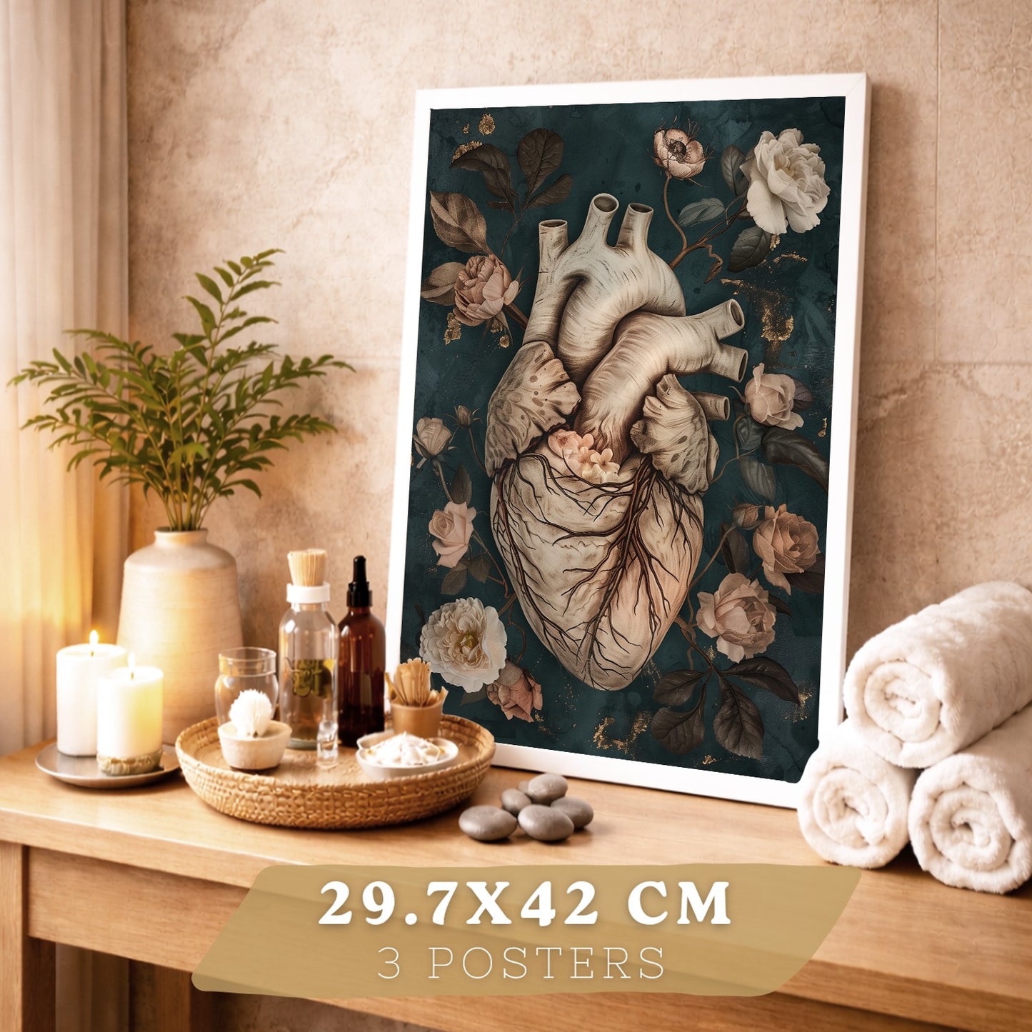 Set 3 Cuadros de Anatomía Humana Láminas con Corazón, Sistema Respiratorio y Esqueleto Estilo Botánico Elegante