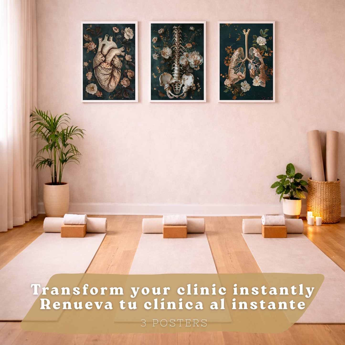 Set 3 Cuadros de Anatomía Humana Láminas con Corazón, Sistema Respiratorio y Esqueleto Estilo Botánico Elegante