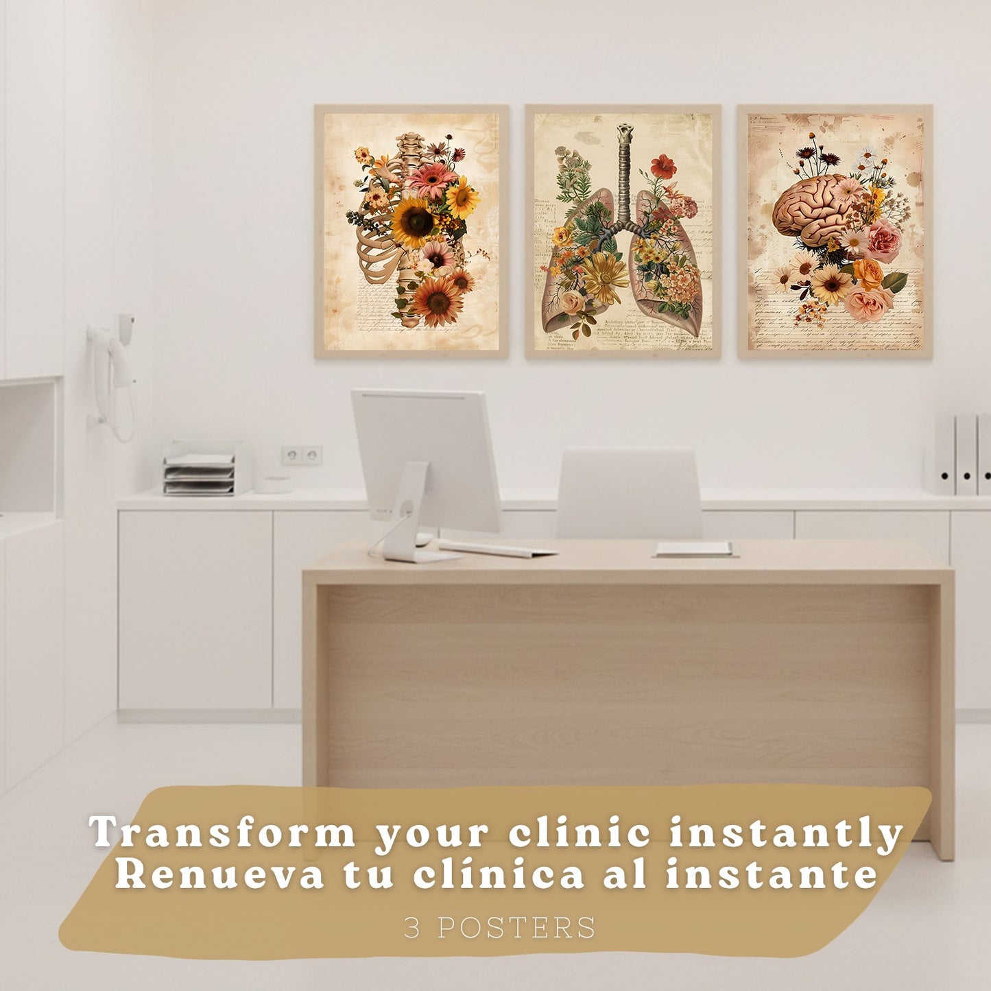 Set 3 Posters y Cuadros de Anatomía Humana Láminas con Riñón Sistema Urinario Cerebro y Corazón Diseño Clásico Blanco y Negro