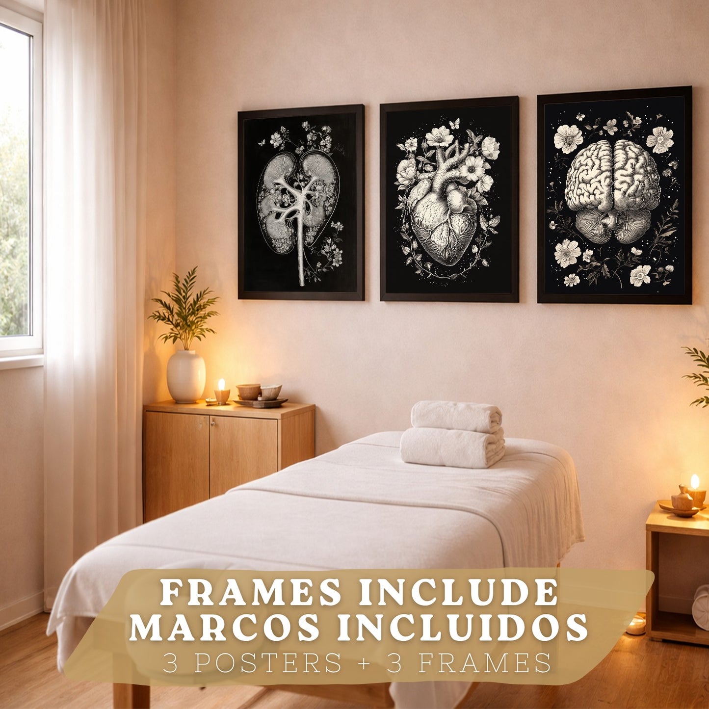 Set 3 Posters y Cuadros de Anatomía Humana Láminas con Riñón Sistema Urinario Cerebro y Corazón Diseño Clásico Blanco y Negro