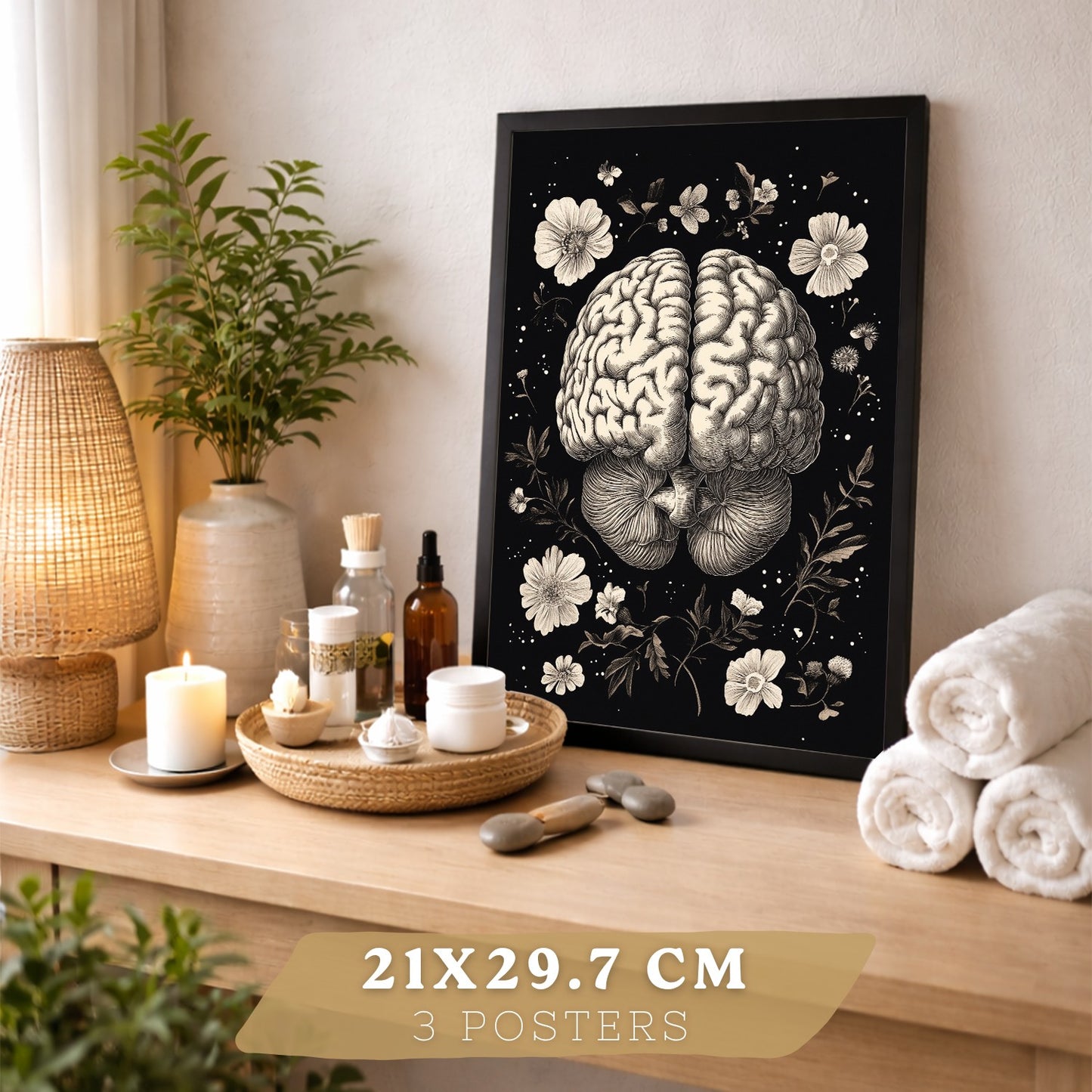 Set 3 Posters y Cuadros de Anatomía Humana Láminas con Riñón Sistema Urinario Cerebro y Corazón Diseño Clásico Blanco y Negro
