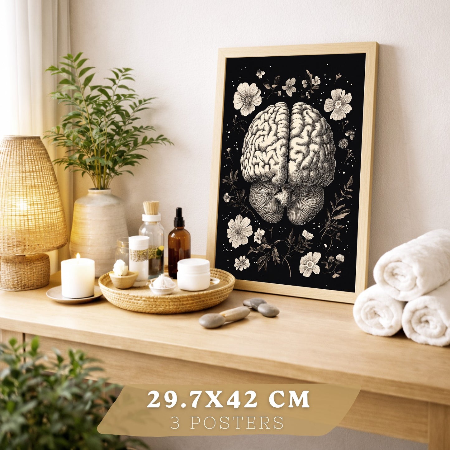 Set 3 Posters y Cuadros de Anatomía Humana Láminas con Riñón Sistema Urinario Cerebro y Corazón Diseño Clásico Blanco y Negro