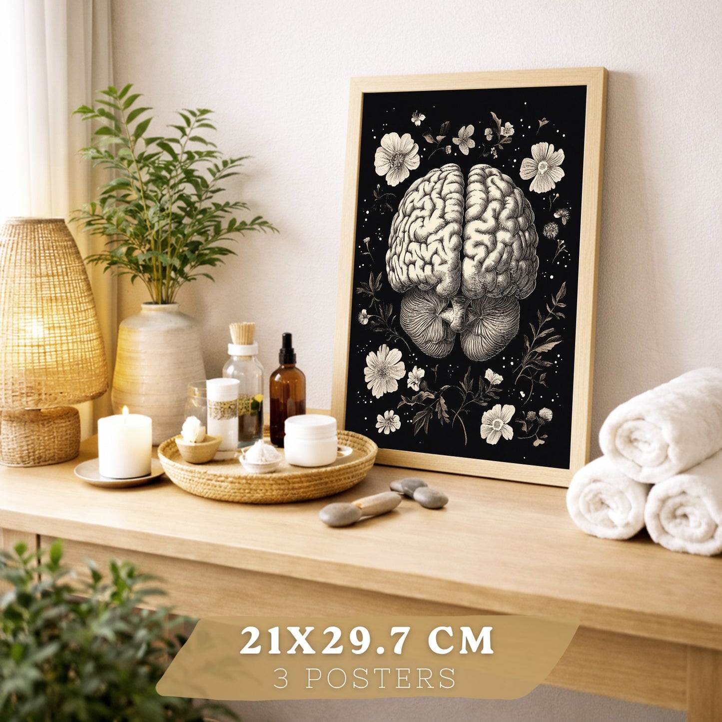 Set 3 Posters y Cuadros de Anatomía Humana Láminas con Riñón Sistema Urinario Cerebro y Corazón Diseño Clásico Blanco y Negro