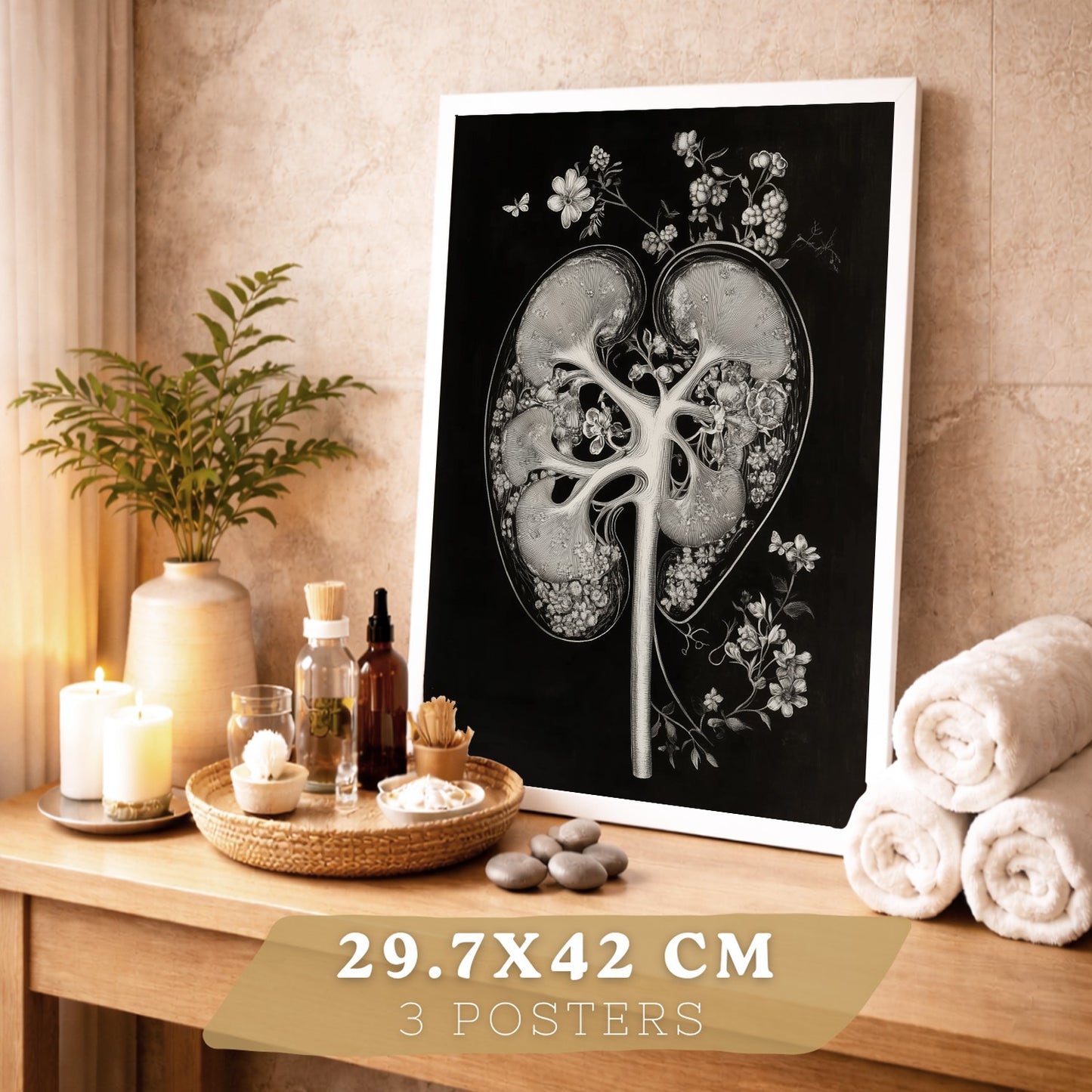 Set 3 Posters y Cuadros de Anatomía Humana Láminas con Riñón Sistema Urinario Cerebro y Corazón Diseño Clásico Blanco y Negro