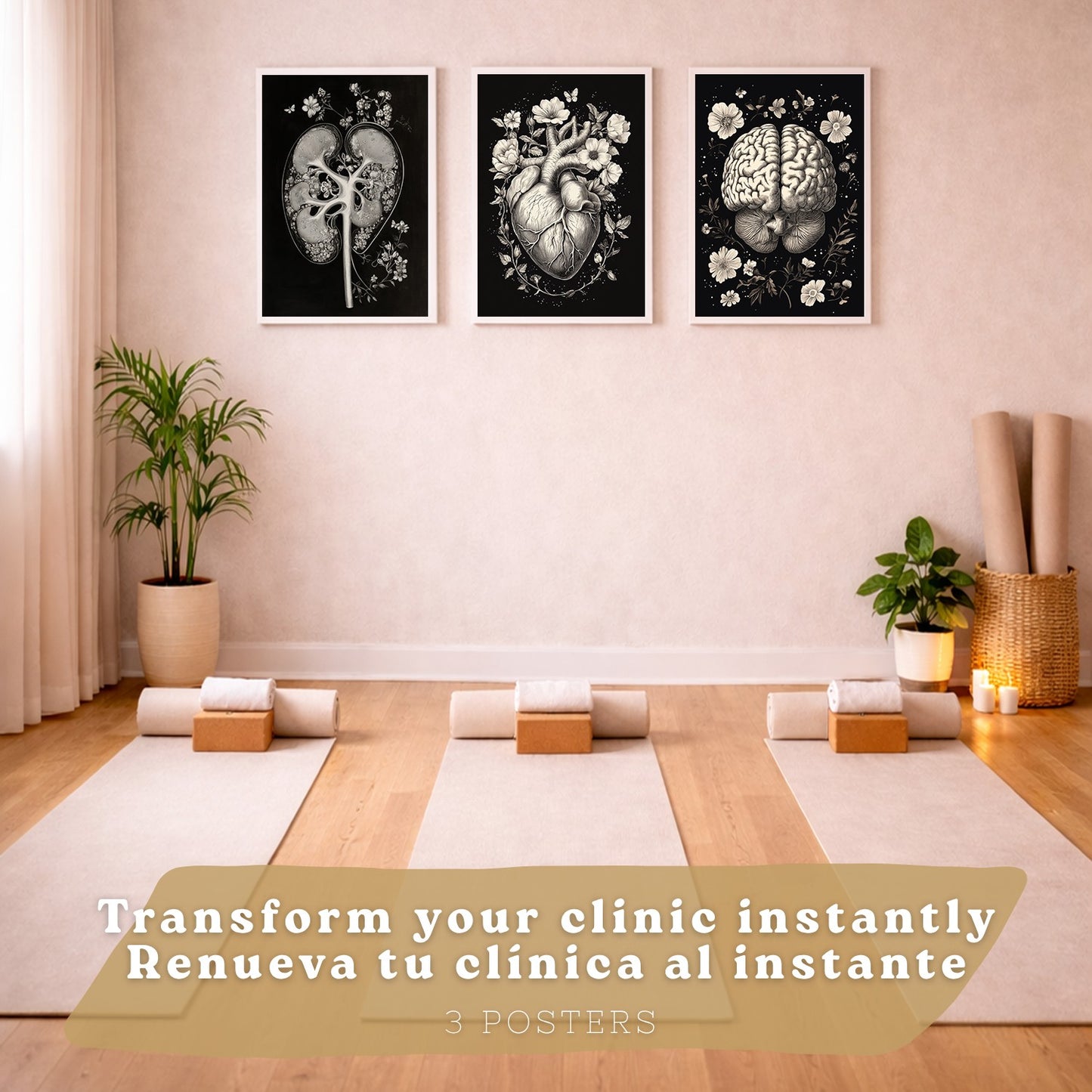 Set 3 Posters y Cuadros de Anatomía Humana Láminas con Riñón Sistema Urinario Cerebro y Corazón Diseño Clásico Blanco y Negro