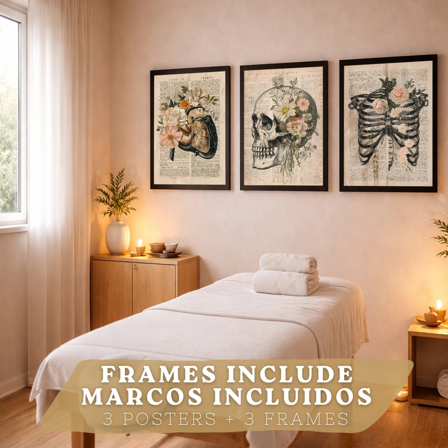 Set 3 Cuadros de Anatomía Humana Láminas con Higado, Costillas y Cráneo Estilo Retro Floral