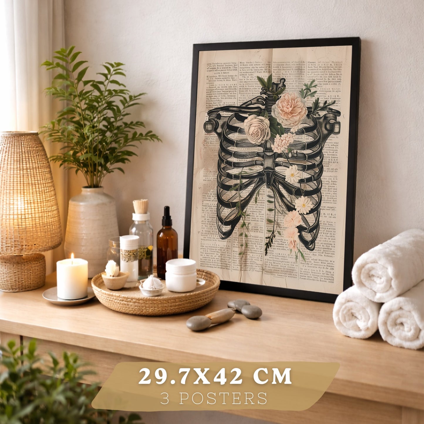 Set 3 Cuadros de Anatomía Humana Láminas con Higado, Costillas y Cráneo Estilo Retro Floral