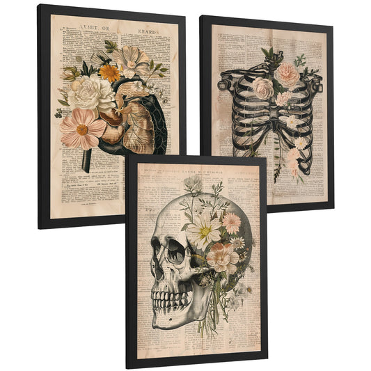 Set 3 Cuadros de Anatomía Humana Láminas con Higado, Costillas y Cráneo Estilo Retro Floral