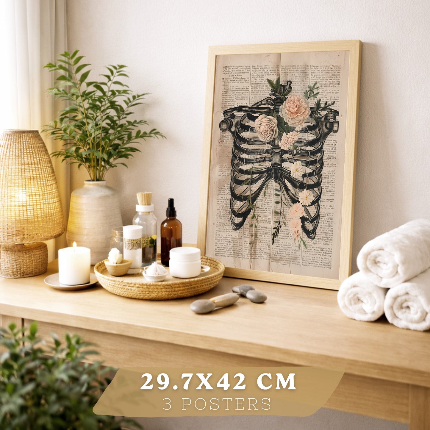 Set 3 Cuadros de Anatomía Humana Láminas con Higado, Costillas y Cráneo Estilo Retro Floral