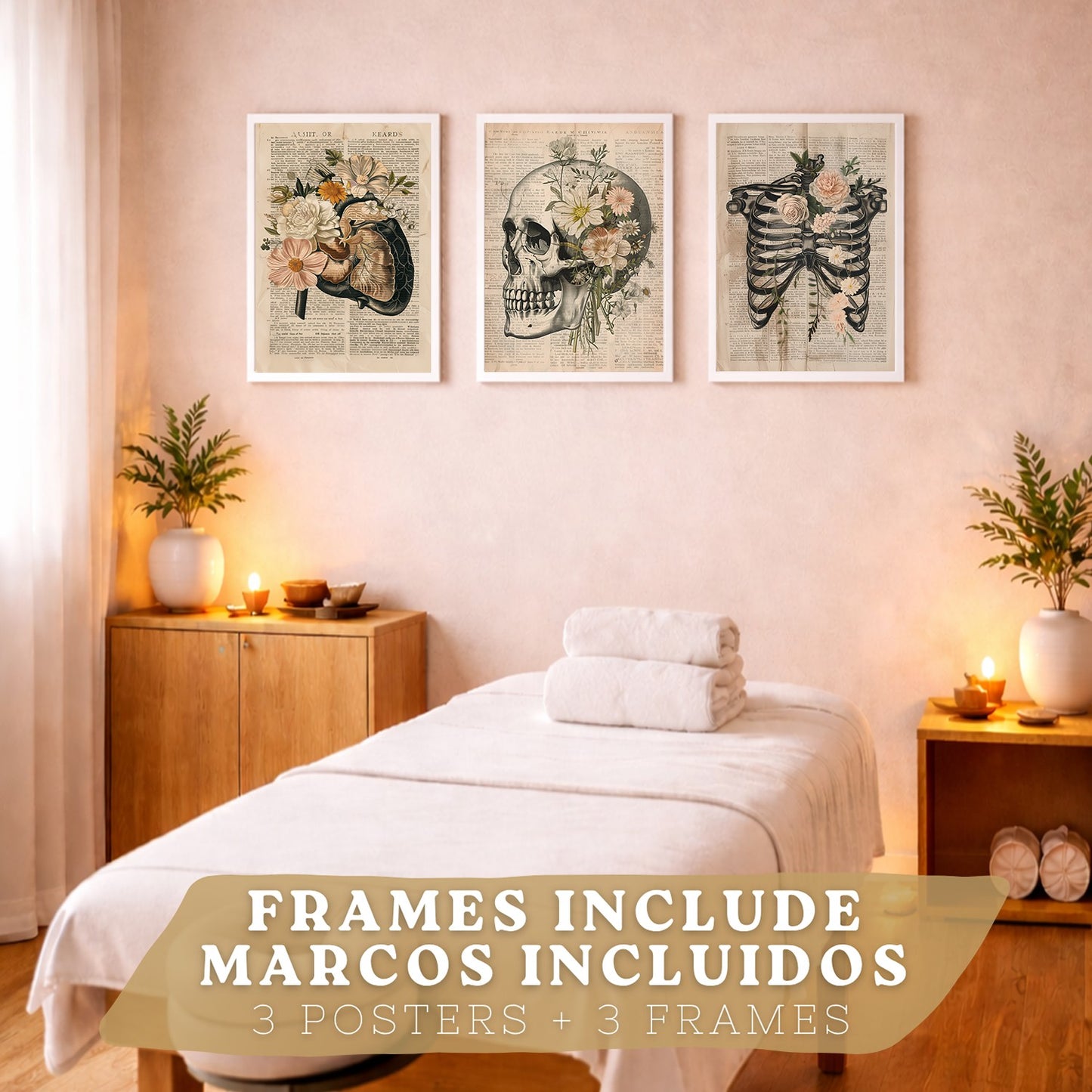 Set 3 Cuadros de Anatomía Humana Láminas con Higado, Costillas y Cráneo Estilo Retro Floral