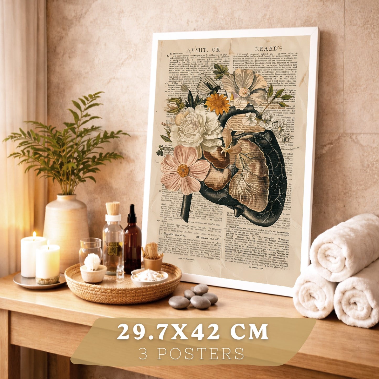 Set 3 Cuadros de Anatomía Humana Láminas con Higado, Costillas y Cráneo Estilo Retro Floral